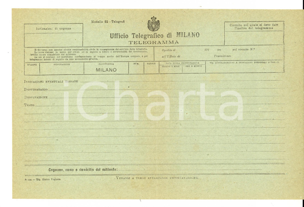 Documento originale, autentico 1910 ca MILANO Ufficio telegrafico  Modello telegramma VUOTO n.25 1