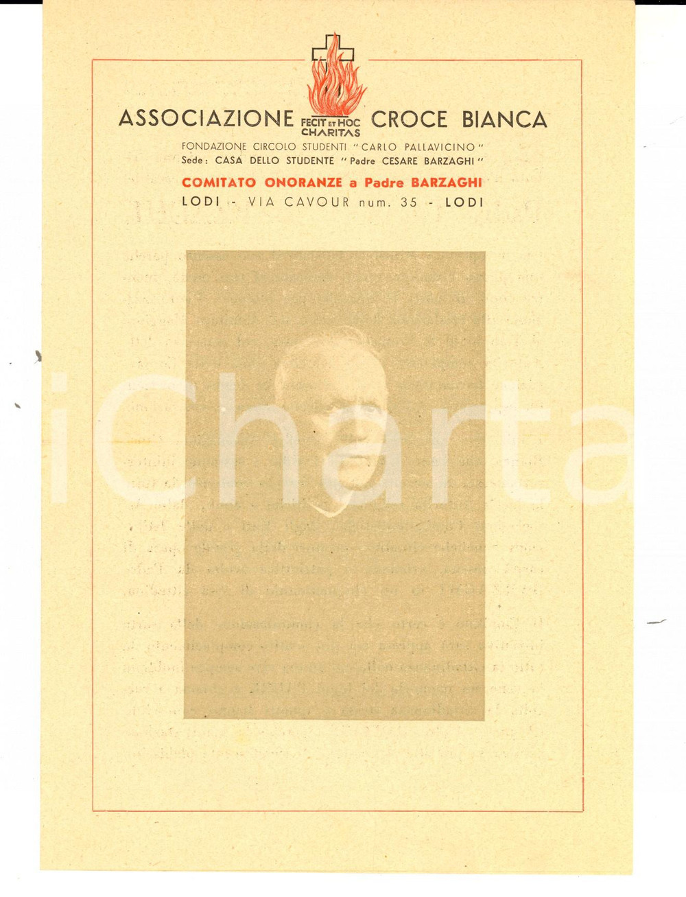 Oggetto da collezione cartaceo 1943 LODI CROCE BIANCA Volantino pro monumento a padre Cesare BARZAGHI 1