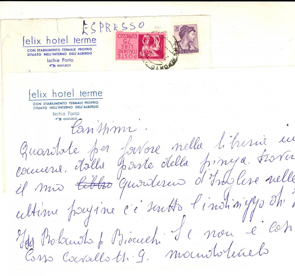 Manoscritto, lettera originale 1963 ISCHIA PORTO  Lettera su carta intestata FELIX HOTEL TERME Con busta 1