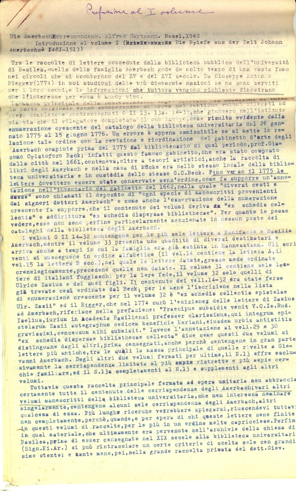 Manoscritto, lettera originale 1942 Prefazione ad Alfred HARTMANN, Die Amerbachkorrespondenz Dattiloscritto 1