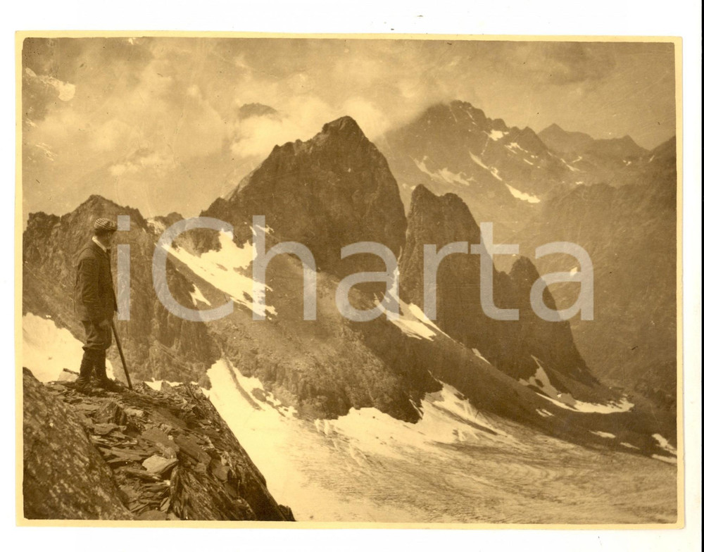 Fotografia d epoca originale 1907 VALLE SERIANA Pizzo RECASTELLO e Ghiacciaio del GLENO Foto ANIMATA 23x17 1