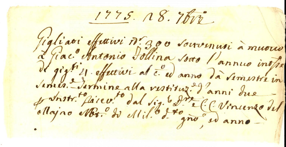Documento originale, autentico 1775 MILANO Ricevuta Giacomo Antonio FOLINA per restituzione semestrale prestito 1