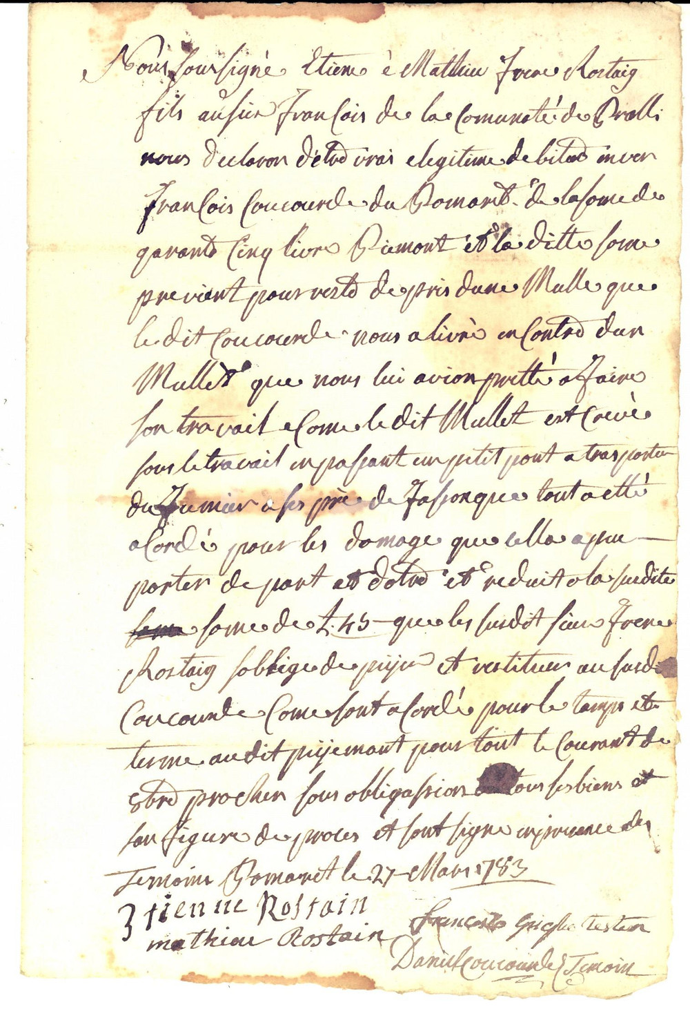 Documento originale, autentico 1783 PRALI TO Atto debito Stefano e Matteo ROSTAGNO verso Francesco CONCORDI 1