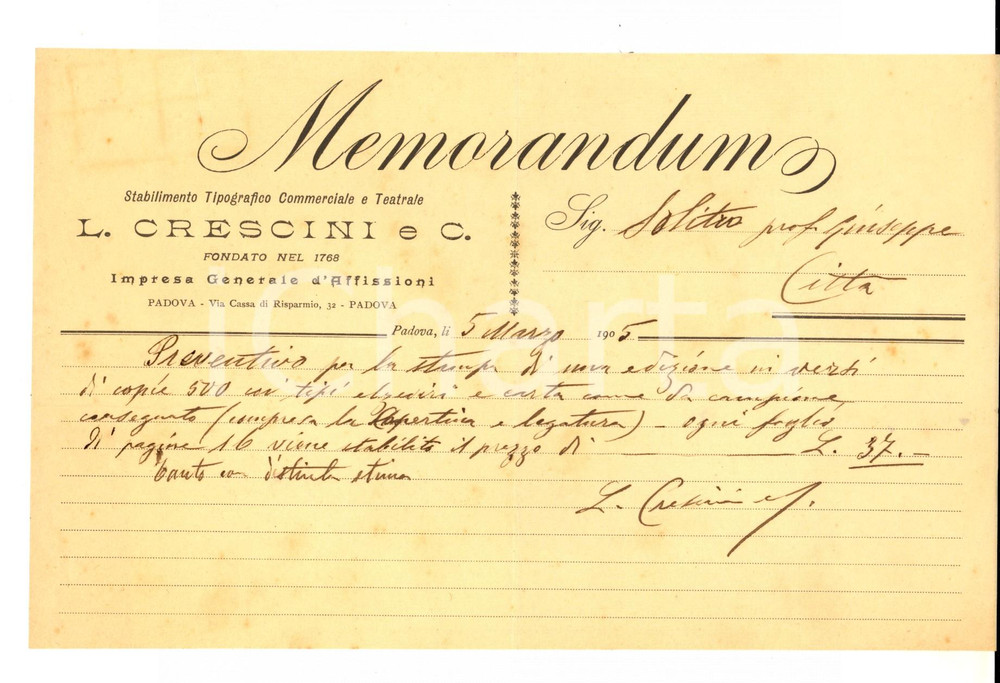 Documento originale, autentico 1905 PADOVA Stabilimento Tipografico Teatrale L. CRESCINI Memorandum 1