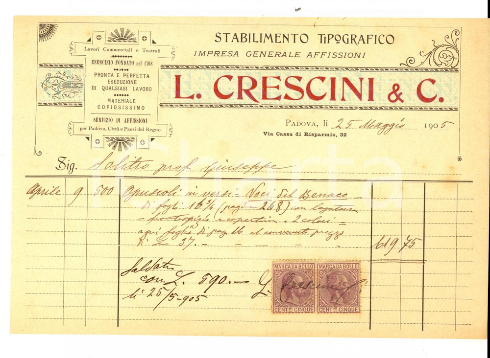 Documento originale, autentico 1905 PADOVA Stabilimento Tipografico Teatrale L. CRESCINI Fattura per opuscoli 1