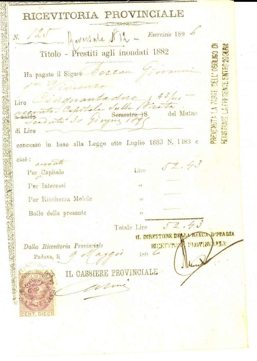 Documento originale, autentico 1896 PADOVA Ricevuta Giovanni BEZZAN  Rata prestito inondati 1882 3 1