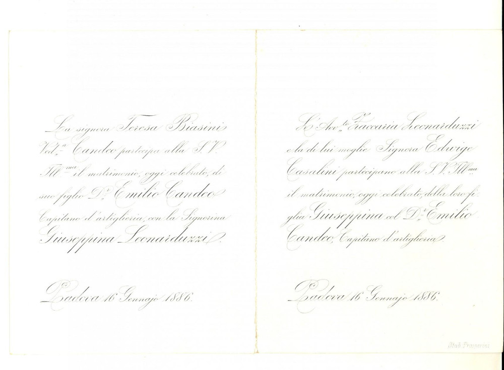 Documento originale, autentico 1886 PADOVA Nozze Emilio CANDEO  Giuseppina LEONARDUZZI  Partecipazione 1