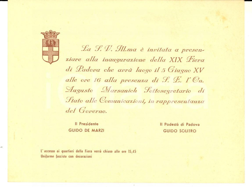 Oggetto da collezione cartaceo 1937 FIERA DI PADOVA Invito inaugurazione  Obbligo uniforme fascista Biglietto 1