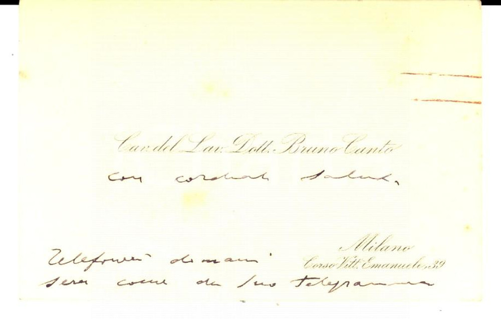 Oggetto da collezione cartaceo 1905 ca MILANO Bruno CANTO Cavaliere del Lavoro  Biglietto da visita autografo 1