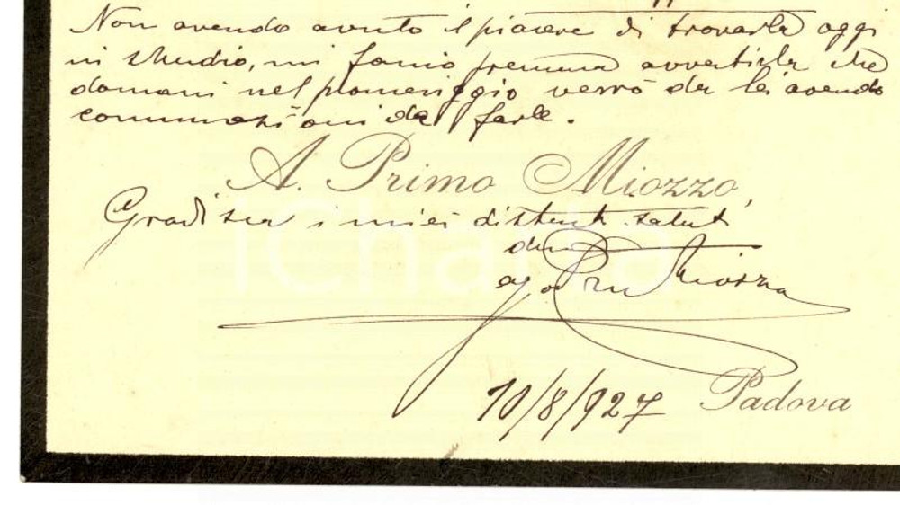 1927 PADOVA Agostino Primo MIOZZO architetto - Biglietto da visita autografo 