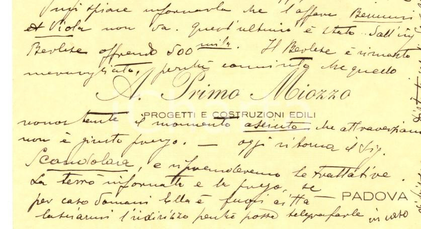 Oggetto da collezione cartaceo 1927 PADOVA Agostino Primo MIOZZO architetto Biglietto da visita autografo 1