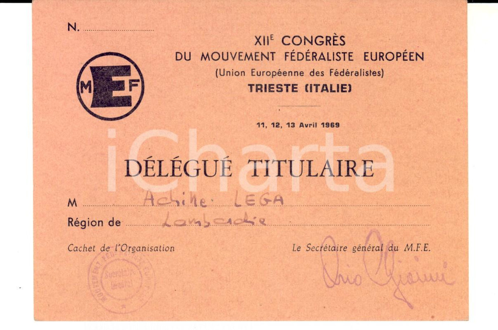 Oggetto da collezione cartaceo 1969 TRIESTE XIIe CongrÃ¨s Mouvement FÃ©dÃ©raliste EuropÃ©en MEF  Tessera 1