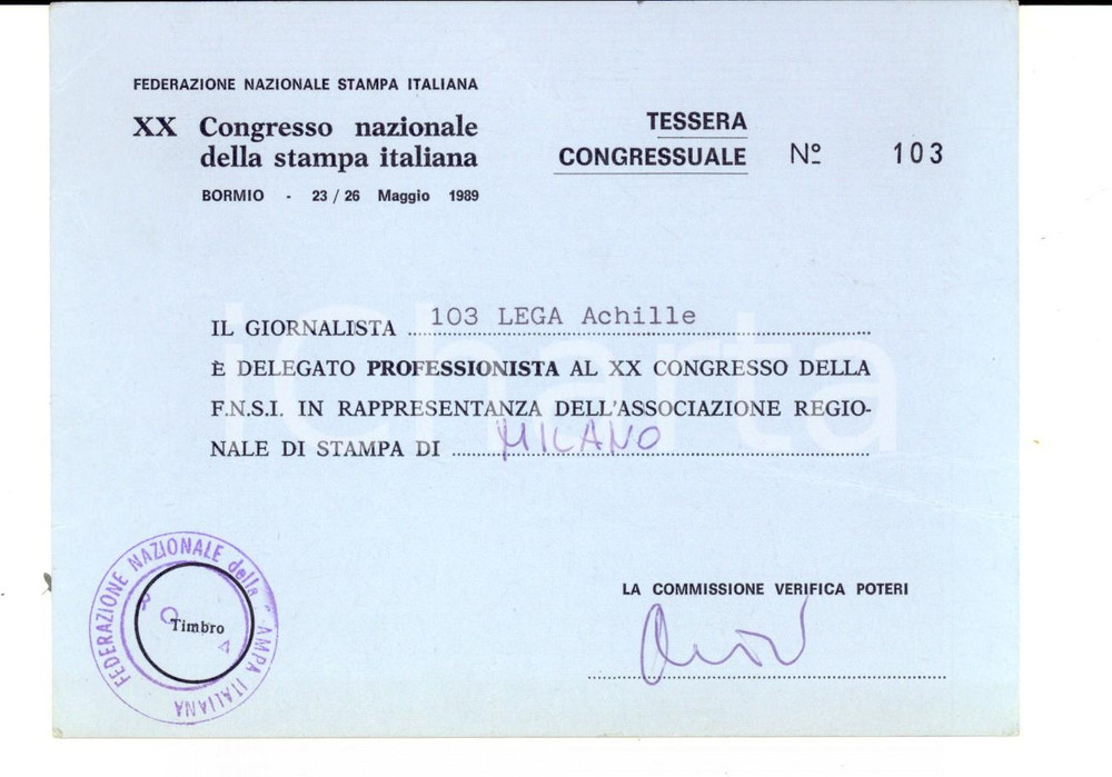 Oggetto da collezione cartaceo 1989 BORMIO XX Congresso Nazionale Stampa Italiana Tessera giornalista 1