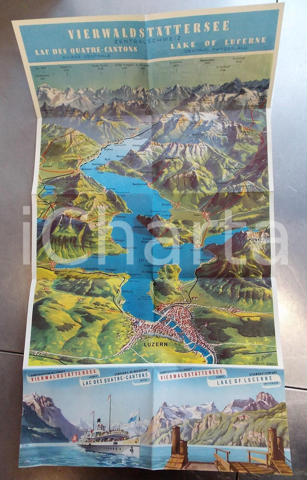 Materiale pubblicitario d’epoca 1956 SVIZZERA Lago di LUCERNA Pieghevole ILLUSTRATO con mappa  TURISMO VINTAGE 1