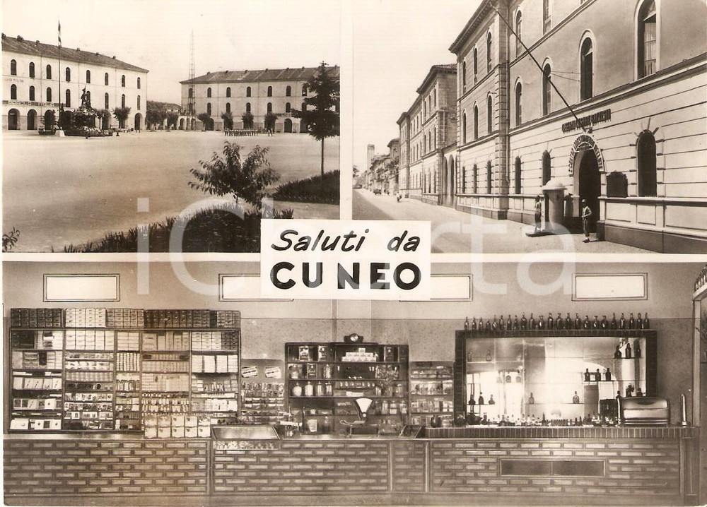 Cartolina originale da collezione 1951 CUNEO Vedutine Centro Addestramento Militare e bancone di un bar Cartolina 1