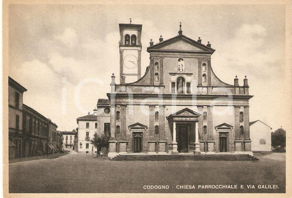 Cartolina originale da collezione 1948 CODOGNO Via Galilei e chiesa di San Biagio e Santa Maria Immacolata FG VG 1