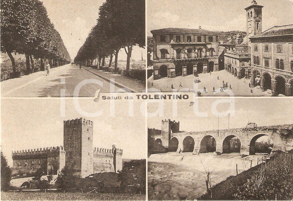 Cartolina originale da collezione 1955 TOLENTINO Vedutine con Ponte del Diavolo e viale della stazione Cartolina 1