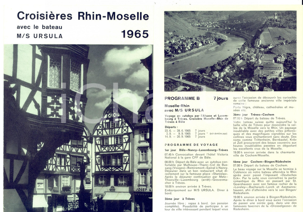 Materiale pubblicitario d’epoca 1965 RHIN  MOSELLE Croisières avec le bateau M/S URSULA Pieghevole ILLUSTRATO 1