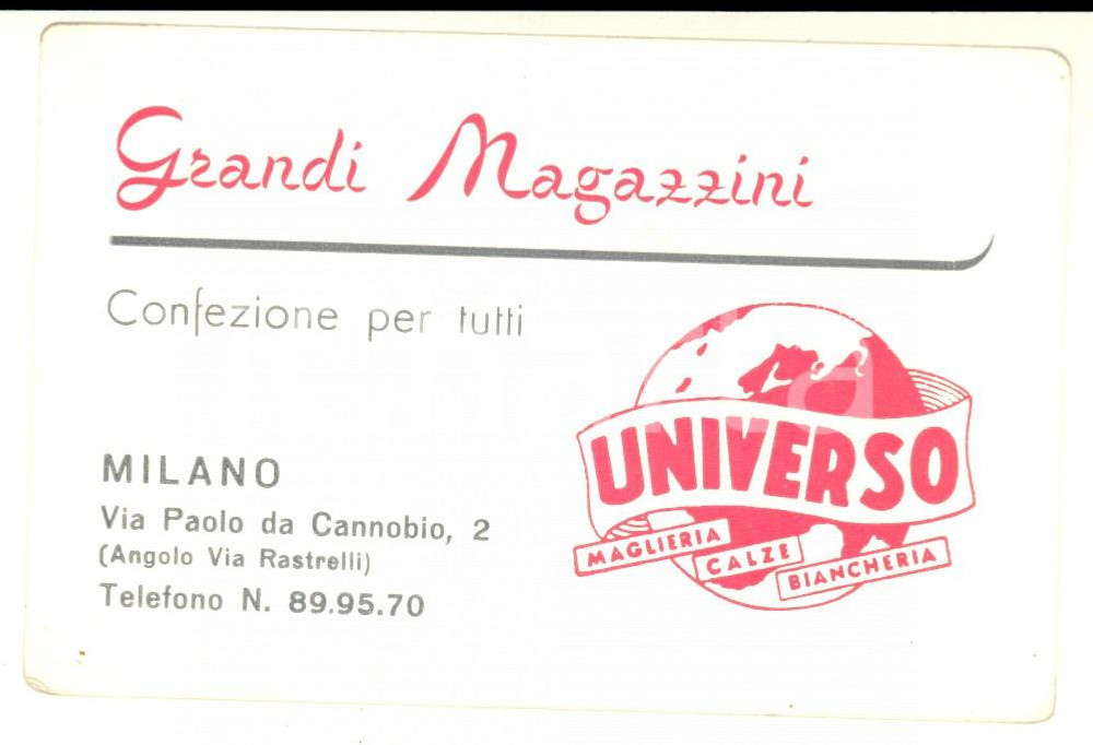 Materiale pubblicitario d’epoca 1960 ca MILANO Grandi Magazzini UNIVERSO  Confezione Biglietto pubblicitario 1