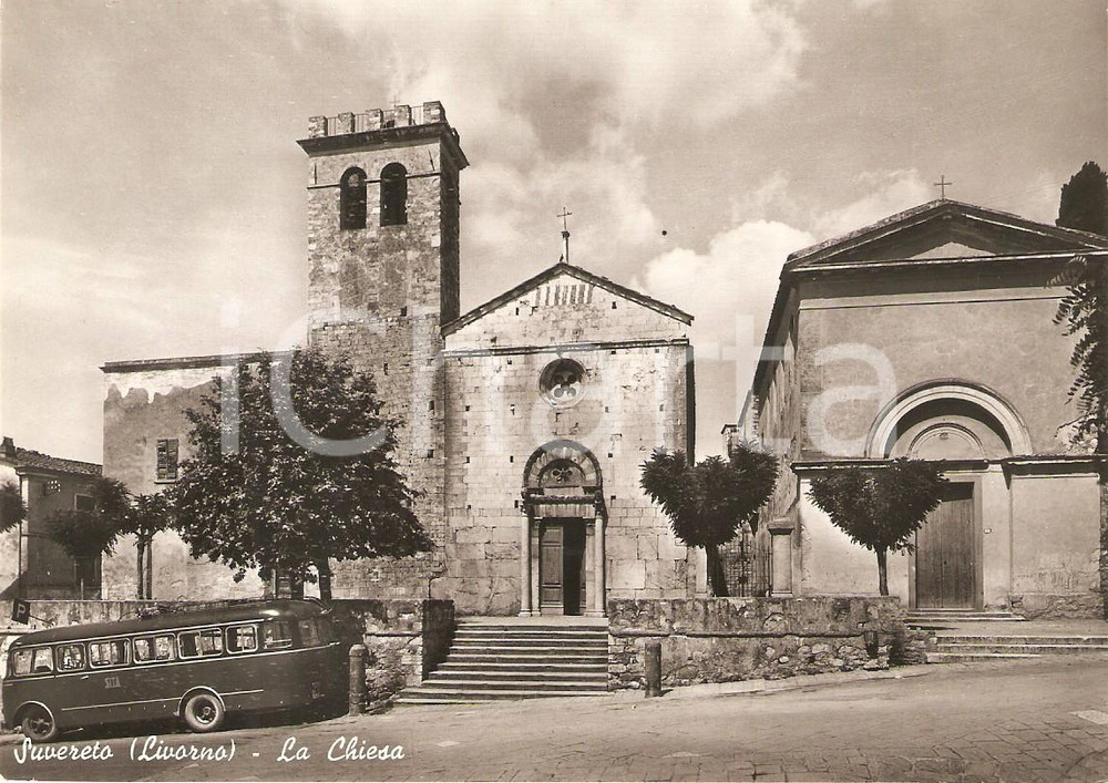 Cartolina originale da collezione 1955 ca SUVERETO Autobus SITA parcheggiato davanti alla chiesa Cartolina FG NV 1