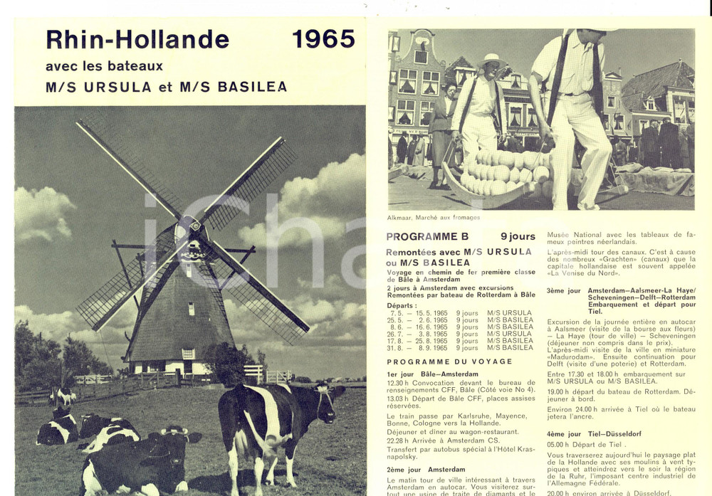 Materiale pubblicitario d’epoca 1965 RHIN  HOLLANDE Voyages avec bateaux M/S URSULA et M/S BASILEA Pieghevole 1