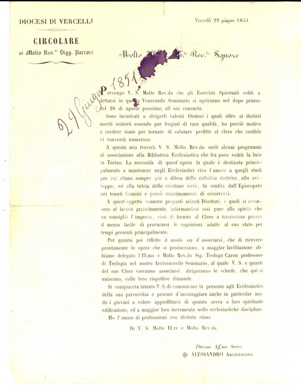 Documento originale, autentico 1851 VERCELLI Sugli esercizi spirituali per i parroci in Seminario Circolare 1