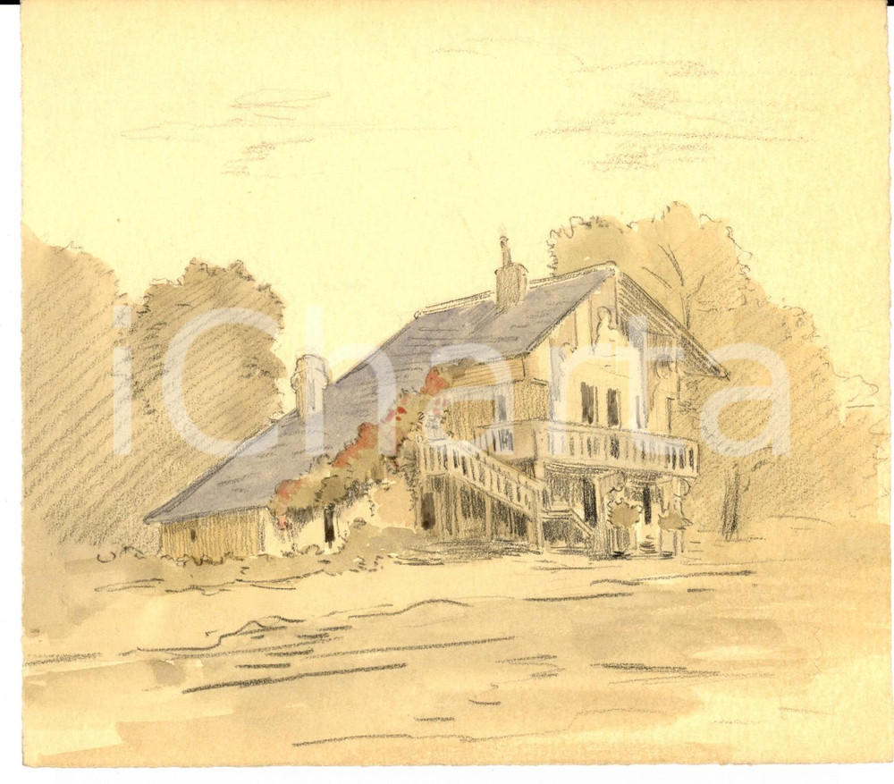 Opera d’arte autentica 1950 ca ARTE Un solitario villino di campagna Disegno china e acquerello 19x17 1