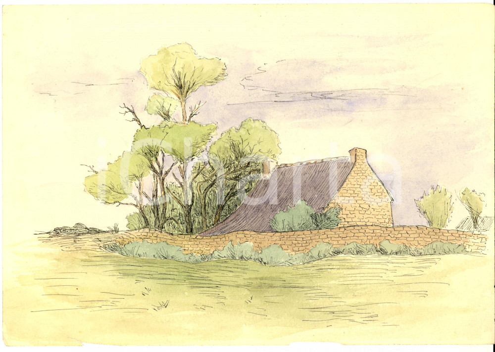 Opera d’arte autentica 1950 ca ARTE Panorama con dimora di campagna Disegno china e acquerello 25x18 1