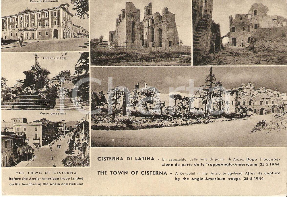 Cartolina originale da collezione 1953 CISTERNA DI LATINA prima e dopo sbarco truppe angloamericane Cartolina FG 1