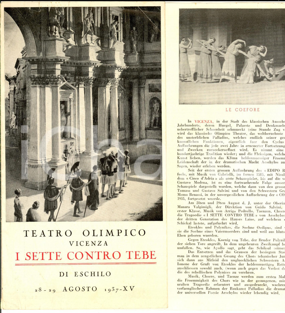 Materiale pubblicitario d’epoca 1937 VICENZA TEATRO OLIMPICO Classici  I sette contro Tebe Pieghevole 1