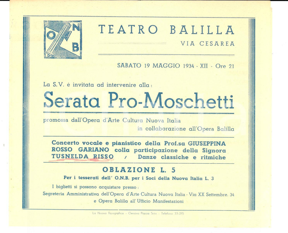 Materiale pubblicitario d’epoca 1934 GENOVA Teatro Balilla  Serata ProMoschetti Pieghevole con programma 1