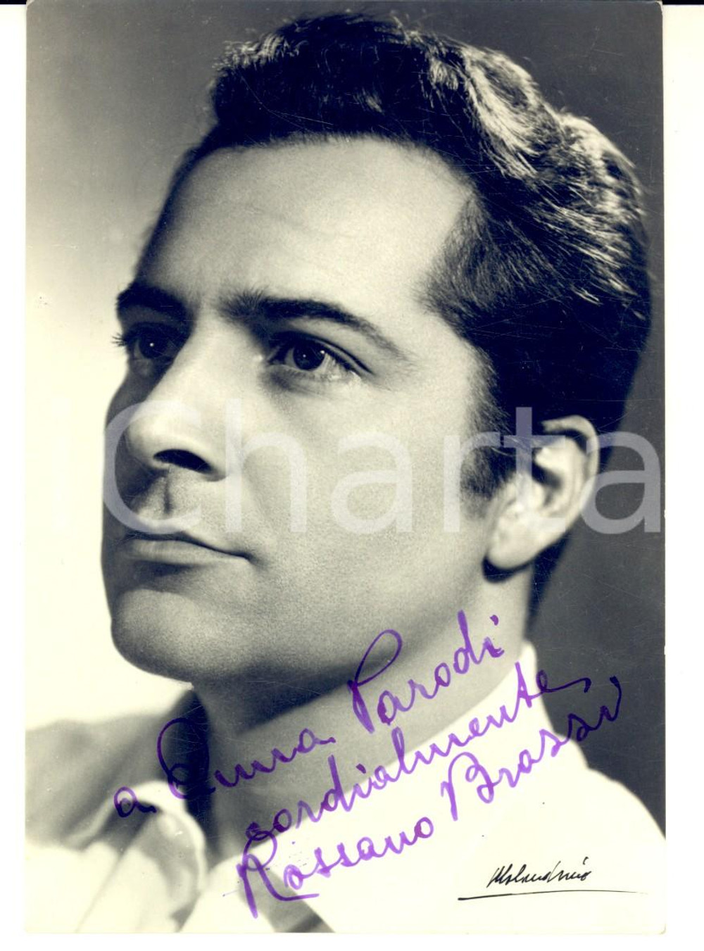 Autografo originale 1950 ca CINEMA Attore ROSSANO BRAZZI  Fotocartolina con AUTOGRAFO 1