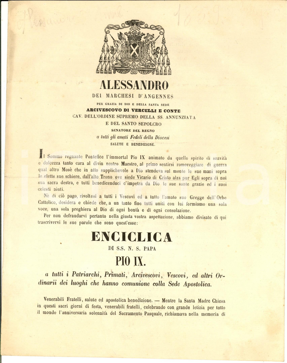 Documento originale, autentico 1859 VERCELLI Mons. Alessandro D ANGENNES  Enciclica papa Pio IX per la Pasqua 1