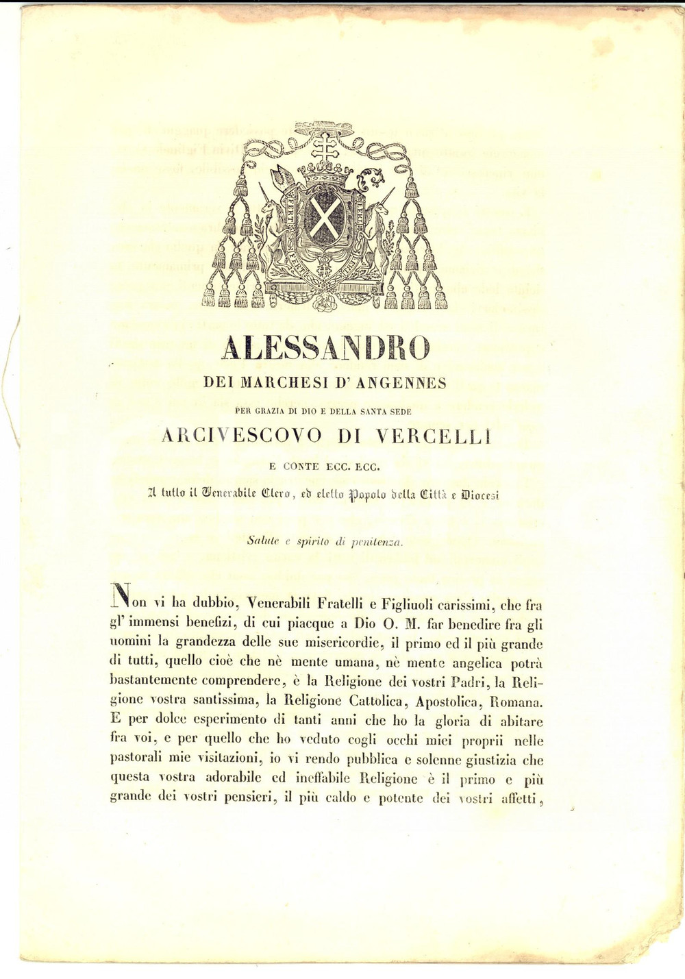 Libro, pubblicazione d epoca 1851 VERCELLI Mons. Alessandro D ANGENNES Vita cristiana in vista del Giubileo 1