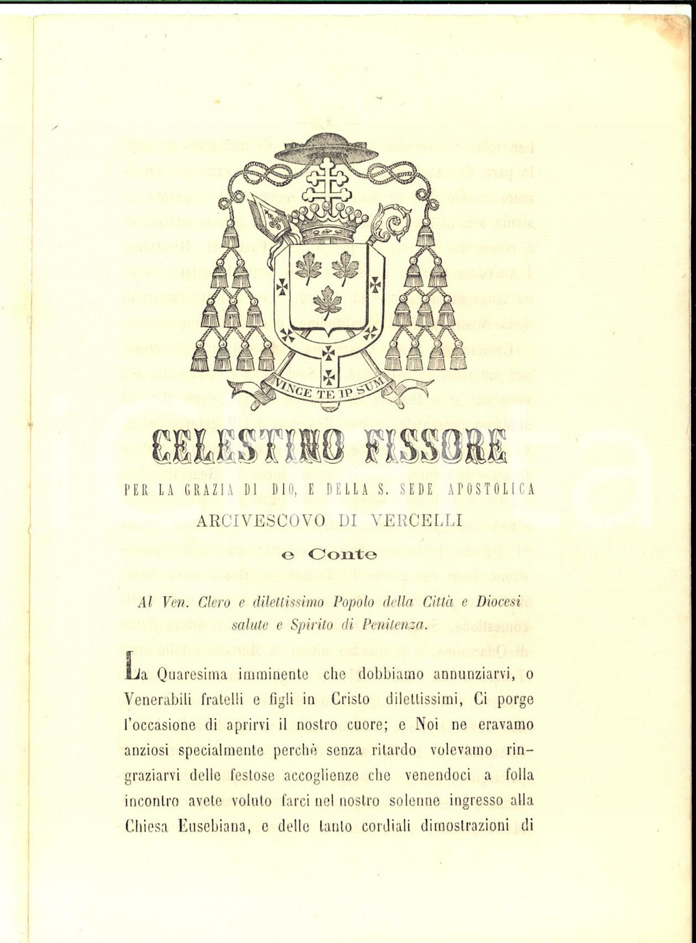 Documento originale, autentico 1872 VERCELLI Mons. Celestino FISSORE ai fedeli in preparazione alla Quaresima 1