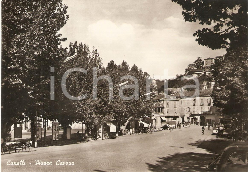 Cartolina originale da collezione 1955 ca CANELLI Panorama di Piazza Cavour  Insegna RICCADONNA Cartolina FG NV 1