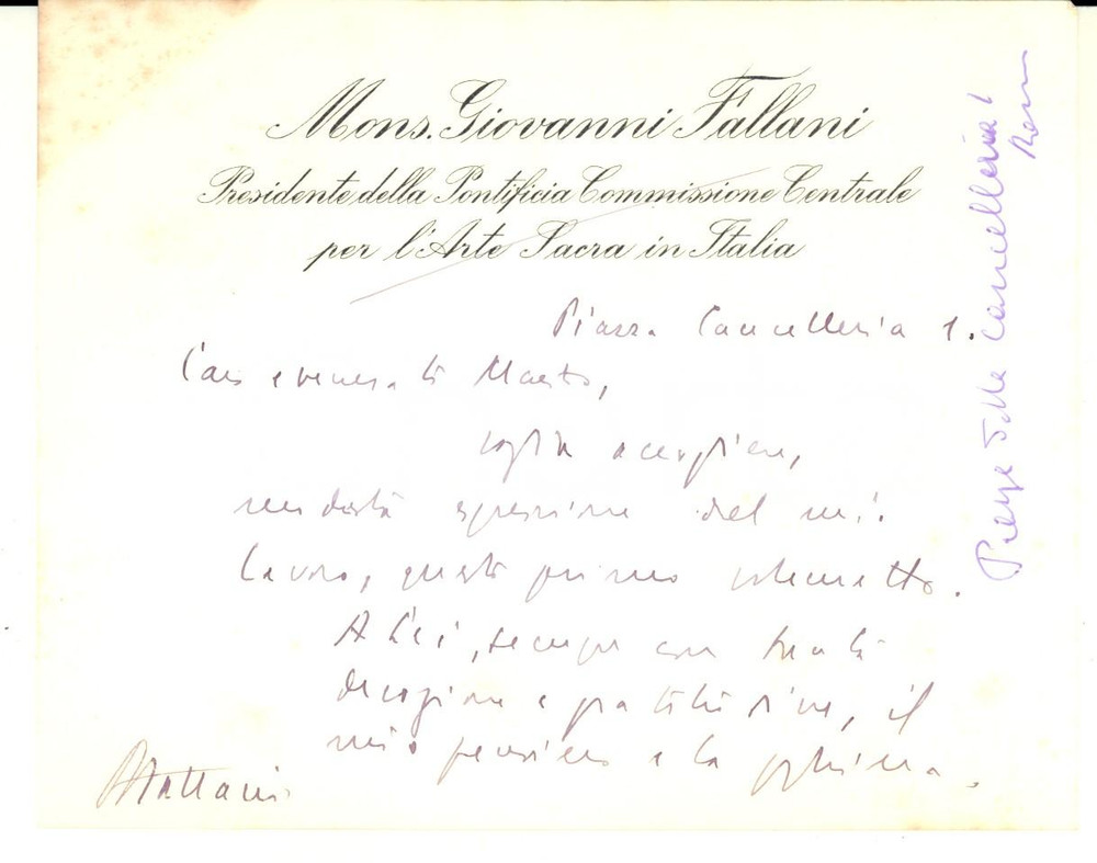 Autografo originale 1970 ca ROMA Mons. Giovanni FALLANI sull invio di un volumetto AUTOGRAFO 1