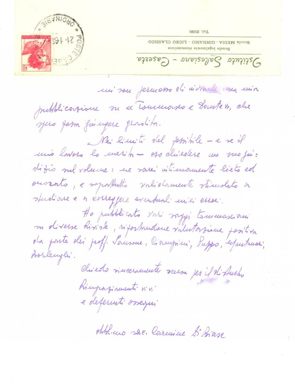 Autografo originale 1966 CASERTA Istituto Salesiano  Don Carmine DI BIASE invia saggio Autografo 1