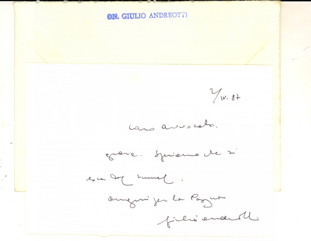 Autografo originale 1987 ROMA Biglietto on. Giulio ANDREOTTI auguri buona Pasqua Autografo 1