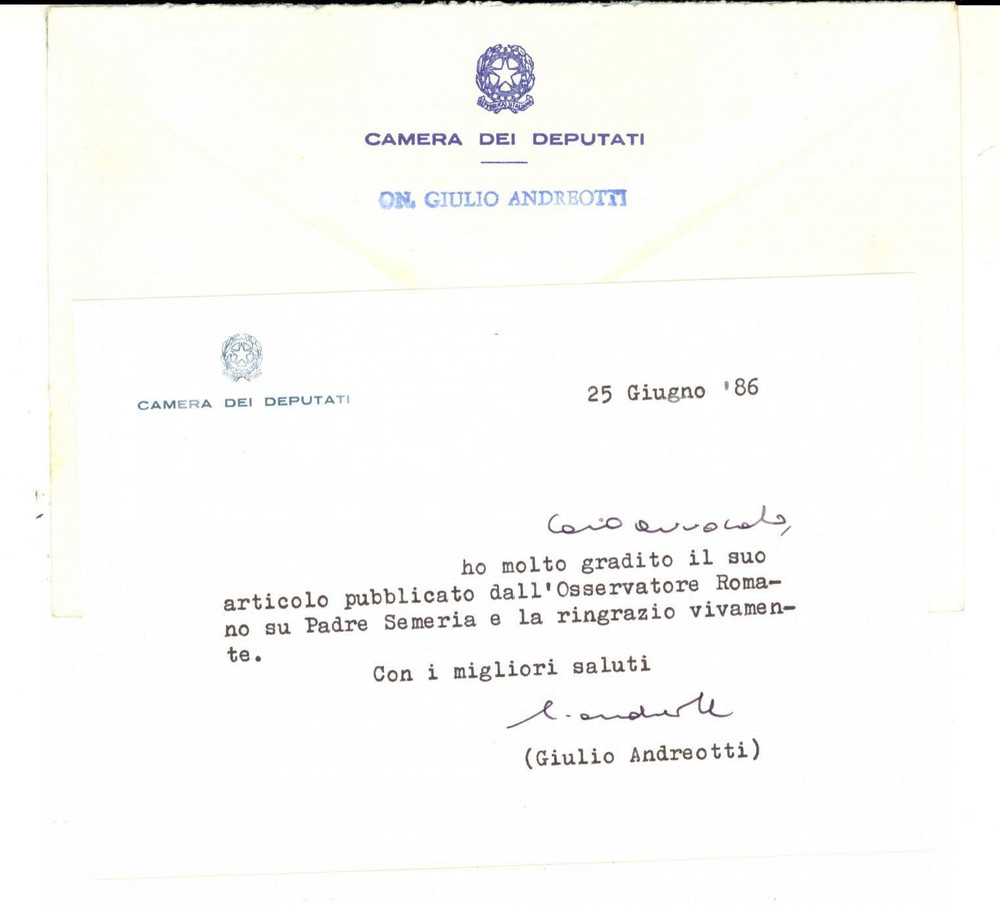Autografo originale 1986 ROMA On. Giulio ANDREOTTI ringrazia per un articolo Biglietto AUTOGRAFO 1