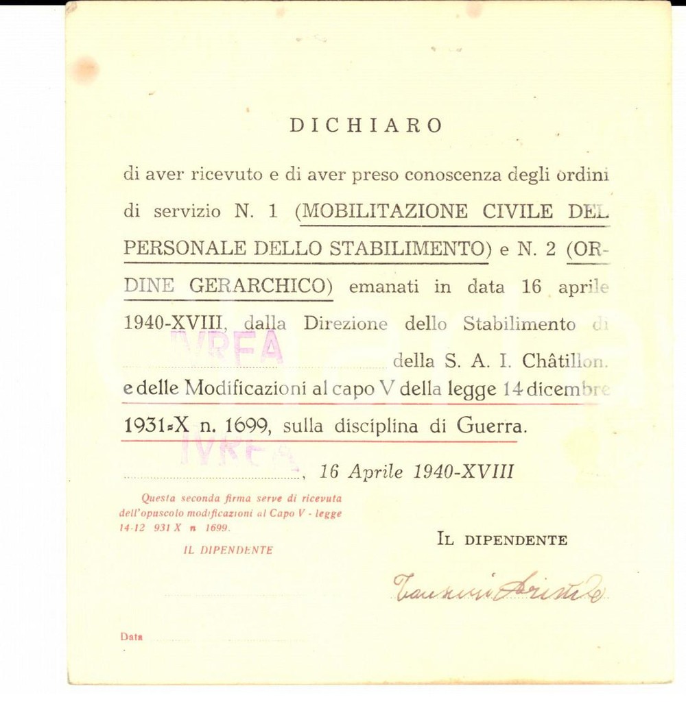 Documento originale, autentico 1940 WW2 IVREA Ditta S.A.I. CHATILLON Mobilitazione civile personale  Ricevuta 1