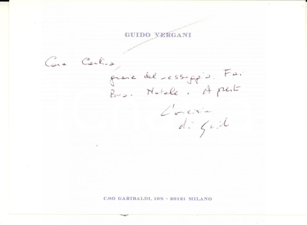 Autografo originale 1970 ca MILANO Guido VERGANI  Auguri di Natale  Biglietto AUTOGRAFO 1