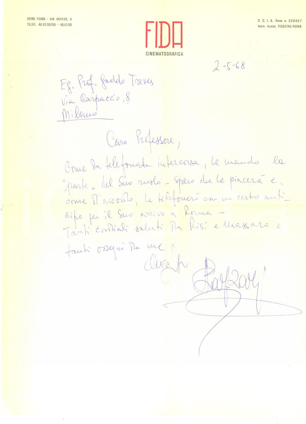 Manoscritto, lettera originale 1968 ROMA FIDA CINEMATOGRAFICA Lettera Piero LAZZARI a Gaddo Treves Autografo 1