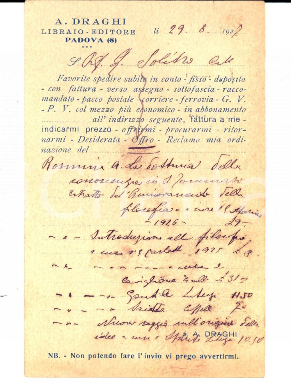 Cartolina originale da collezione 1927 PADOVA Libreria internazionale Angelo DRAGHI  Cedola per commissioni 1