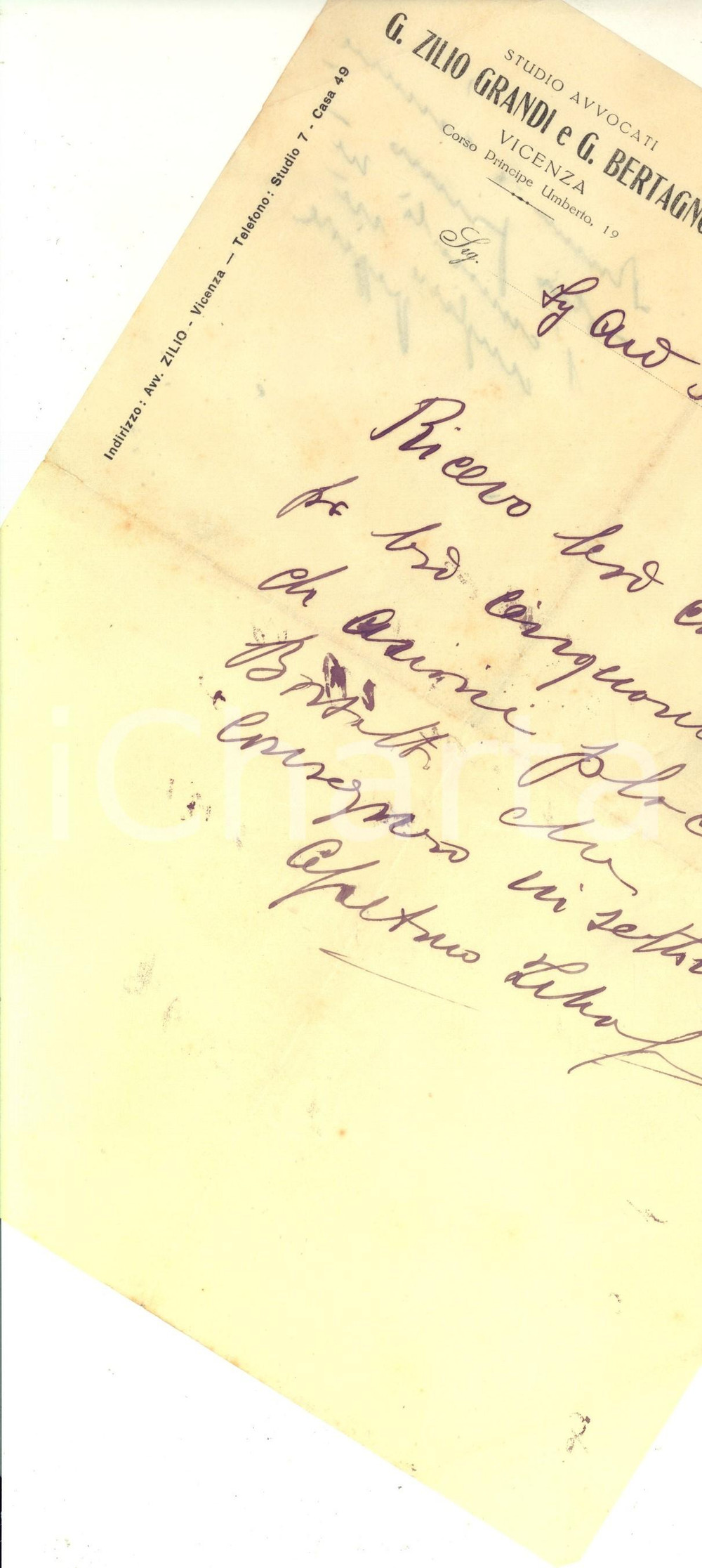 Manoscritto, lettera originale 1928 VICENZA Lettera avv. Gaetano ZILIO GRANDI per ricevuta a un collega 1