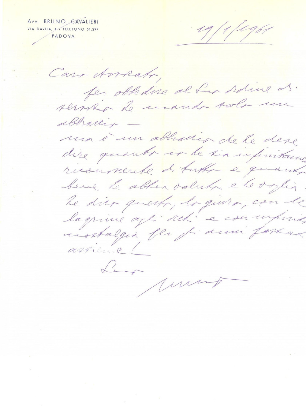 Manoscritto, lettera originale 1961 PADOVA Lettera avv. Bruno CAVALIERI per riconoscenza Autografo 1