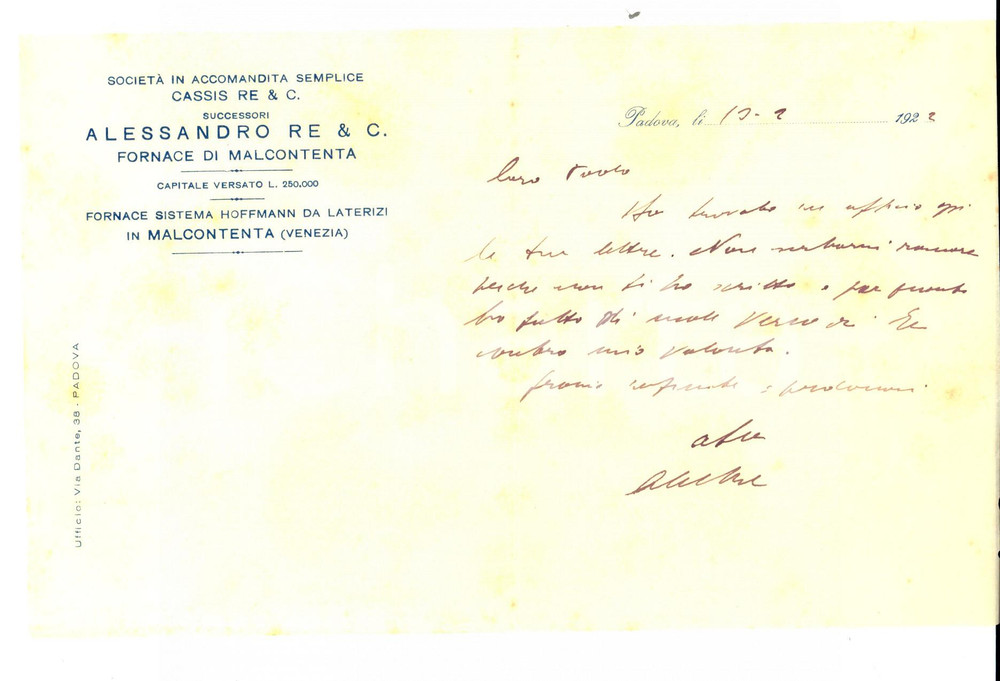 Manoscritto, lettera originale 1922 PADOVA Lettera SocietÃ  CASSIS RE & C.  Fornace di MALCONTENTA Intestata 1