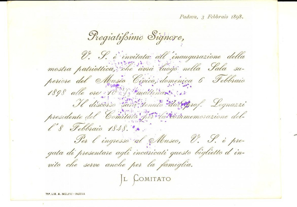Documento originale, autentico 1898 PADOVA Invito per inaugurazione Mostra Patriottica  50Â° Anniversario 1848 1
