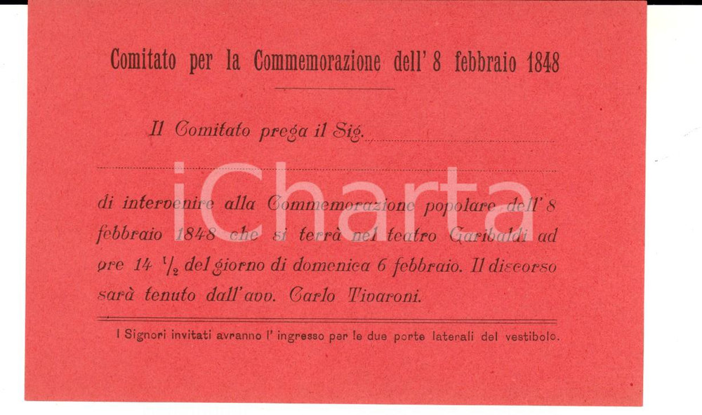 Documento originale, autentico 1898 PADOVA Commemorazione dell 8 Febbraio 1848  Biglietto di invito 14x9 cm 1