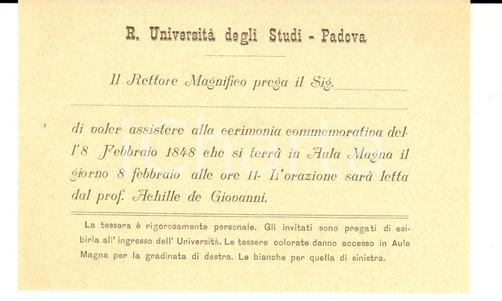 1898 Università di PADOVA Commemorazione dell'8 Febbraio 1848 - Invito 14x9 cm 